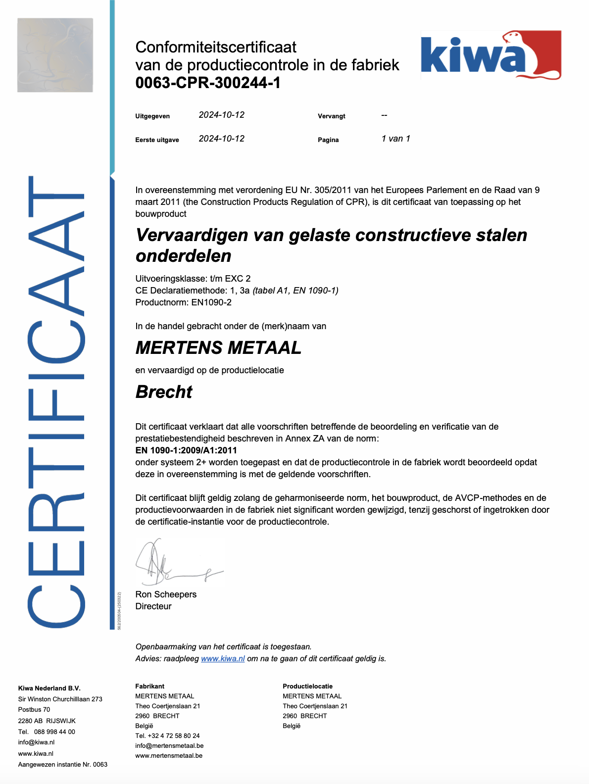 Kiwa certificaat - Mertens Metaal